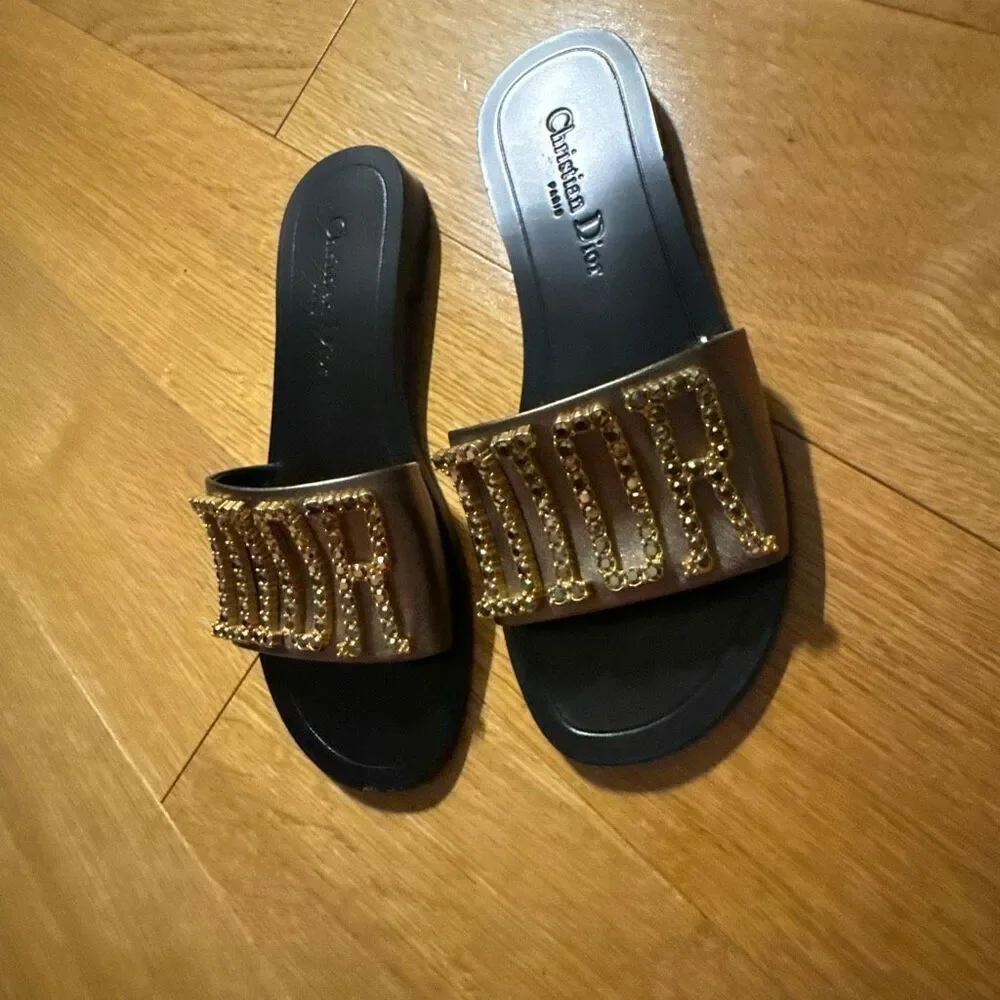 Dior Revolution Slides Black Leather and Rhinestones size 37